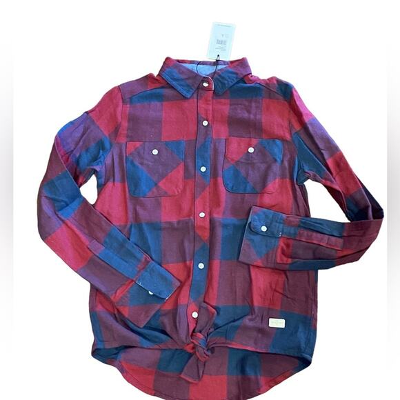 7 for All Mankind Girls Large Long Sleeve Tie waist red and blue plaid shirt - Picture 1 of 7